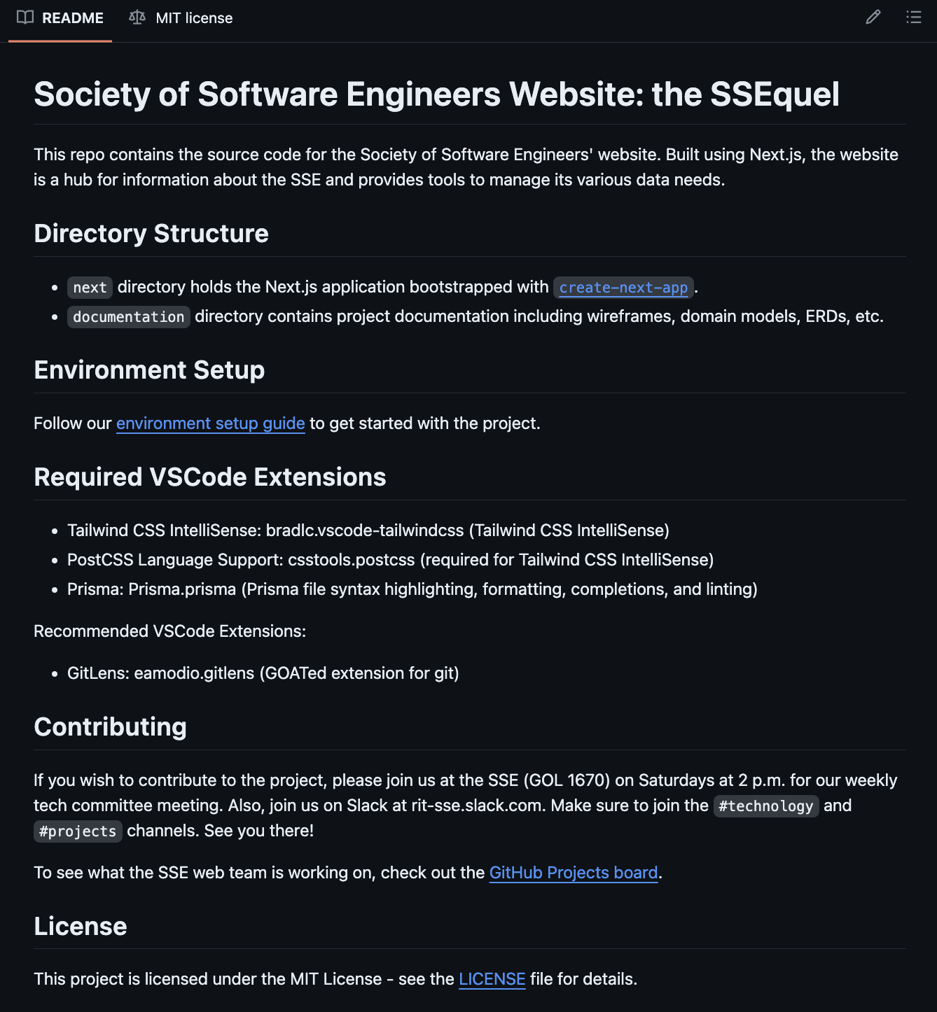 picture of the readme file for the SSE website project