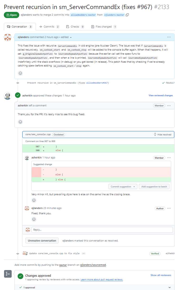 communications with maintainers showing a request to change a brace style